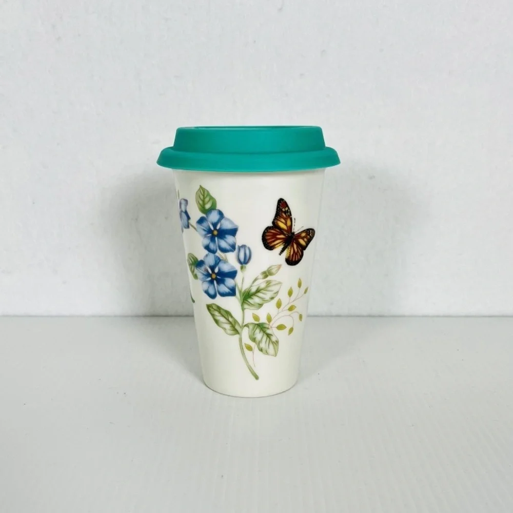 LENOX Butterfly Meadow Letter R Double Wall Thermal Ceramic Travel Tumbler Mug